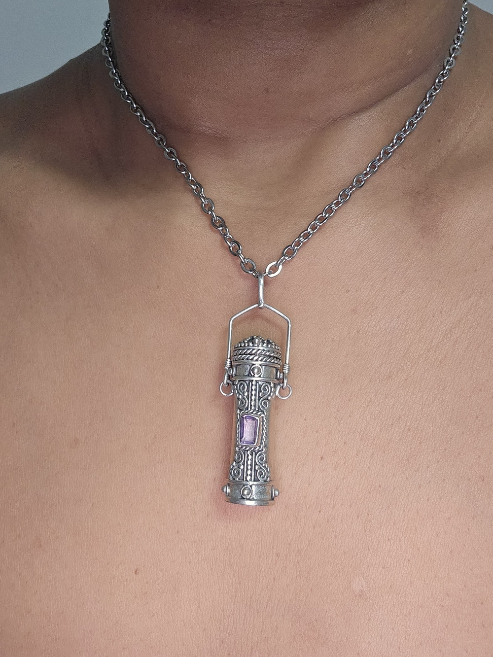 925S Ornate Silver Pendant Necklace with Amethyst Accent